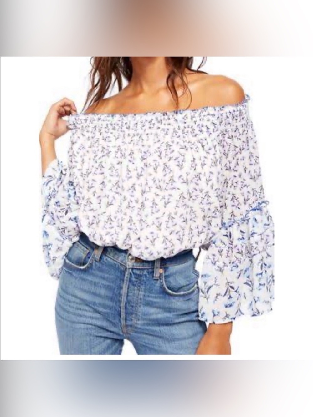 Free People Off-Shoulder Floral Blouse - White & Blue size small